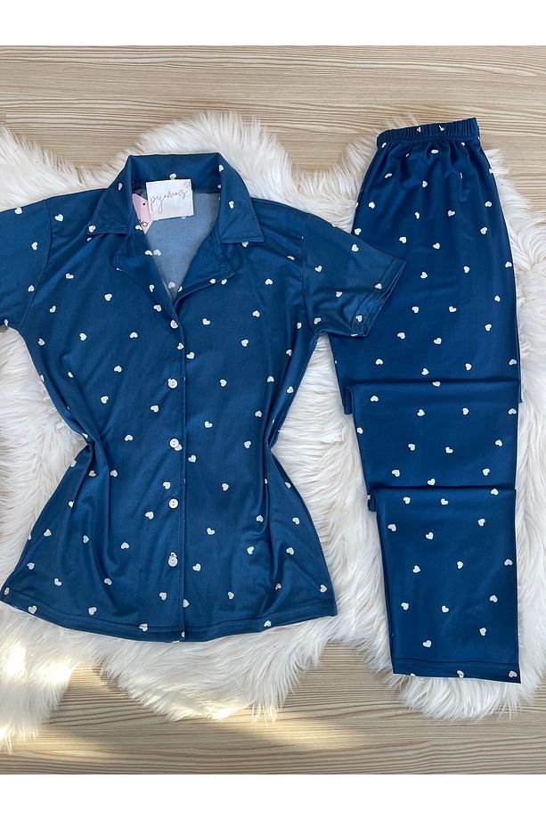 Lacivert Kalp Desenli Kısa Kol Gömlek Yaka Örme Pijama Takımı - 8