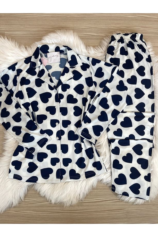 Ekru Üzeri Lacivert Kalp Desenli Uzun Kol Gömlek Yaka Örme Pijama Takımı - 8