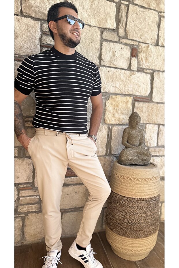 Men's Jogger Pants Beige with Belted Waist, Half Elastic Lace-Up High Quality Joggers
