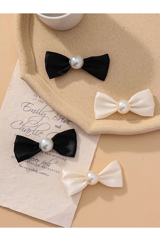 Pearl Detail Black Ecru Ribbon Buckle