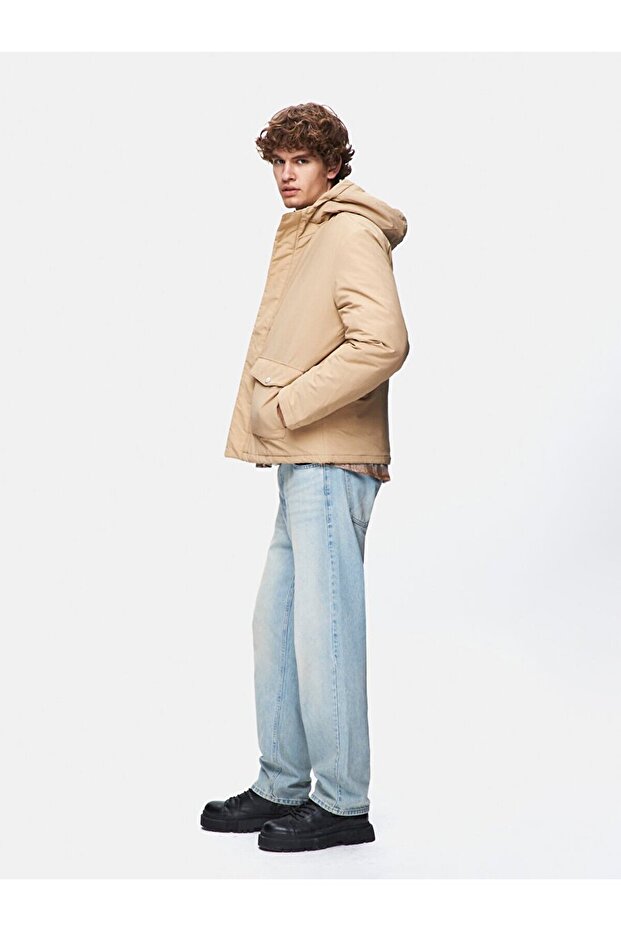 Kapüşonlu Şişme Bej Mont - 4