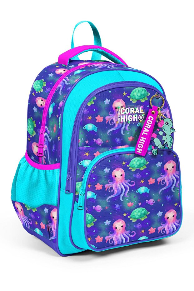 Kids Lavender Turquoise Sea Themed Three Compartment School Backpack 14422