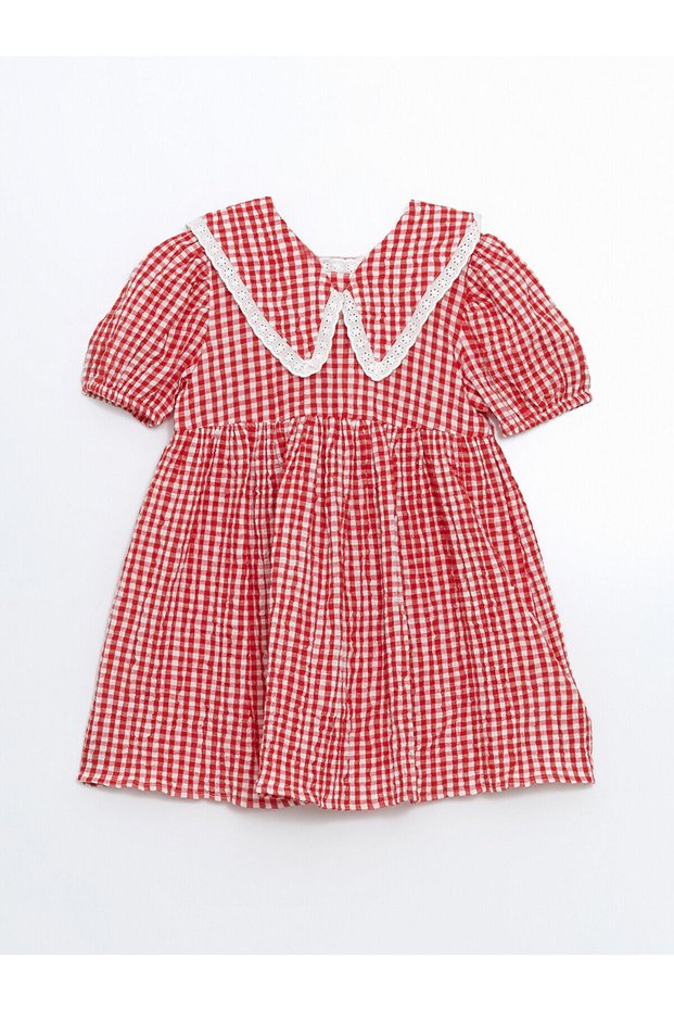 Lcw Kids Red Plaid Crinkle Lace Detailed Girl's Dress