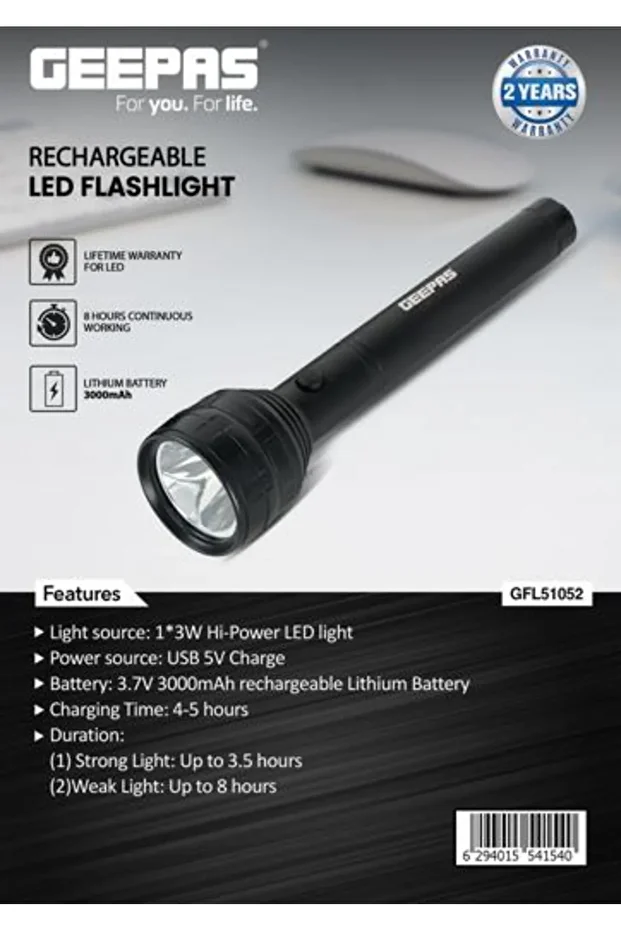 Rechargeable LED Flashlight, USB Rechargeable| 8hrs Working Torch | Lithium Battery - 1