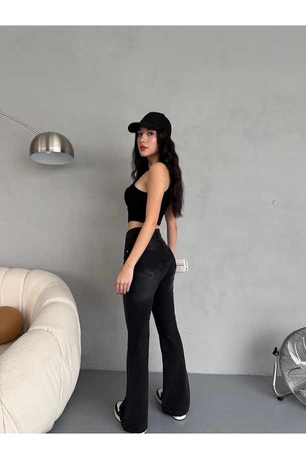 Kadın Yüksek Bel Likralı Ispanyol Paça Jeans - 7