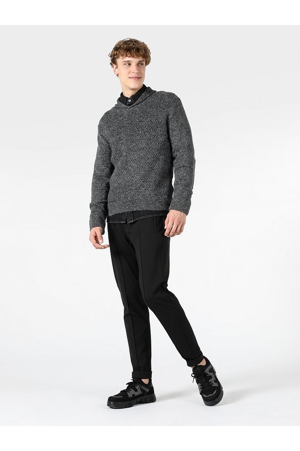 Regular Fit Sal Yaka Erkek Gri Kazak - 4
