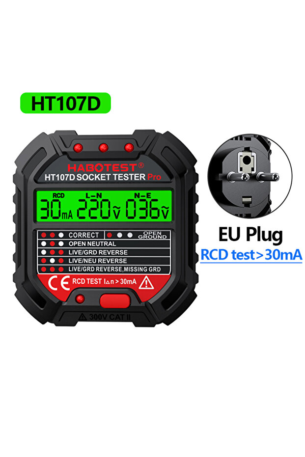 قابس HT107D-EU HT106 HT107 جهاز اختبار المقبس الاحترافي، اختبار الجهد الرقمي، كشف المقبس، قابس الولايات المتحدة/المملكة المتحدة/الاتحاد الأوروبي