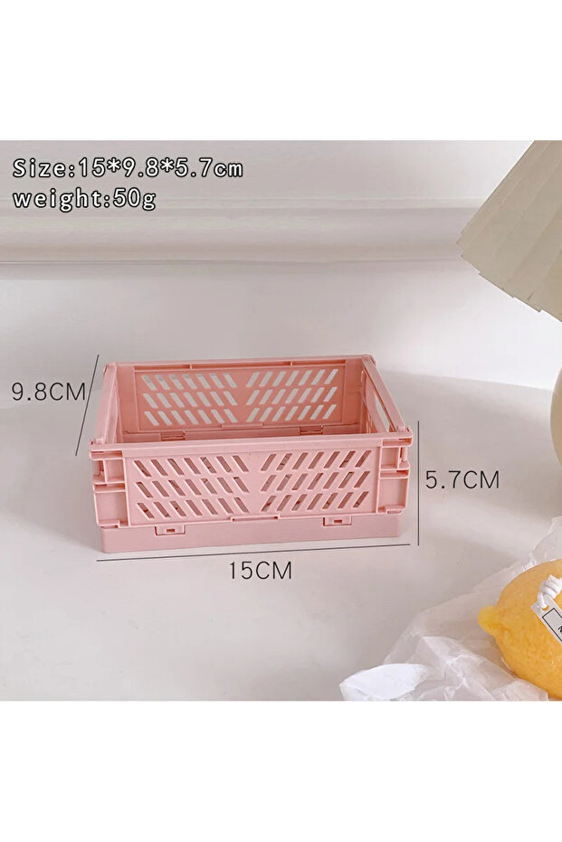 صندوق تخزين بلاستيكي قابل للطي متوسط الحجم باللون الوردي، سلة قابلة للطي، أدوات مكياج لطيفة، مجوهرات، ألعاب