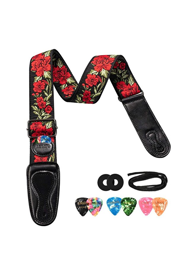 Red LEKATO LGS-6 Guitar Strap with 6 Picks 2 Locks for Electric Acoustic Guitar Bass