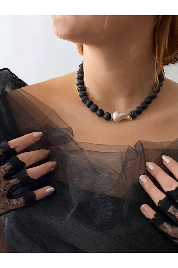 Lava Stone Necklace with Black Baroque Pearls - Real Pearl Set, Freshwater Cultured Pearl