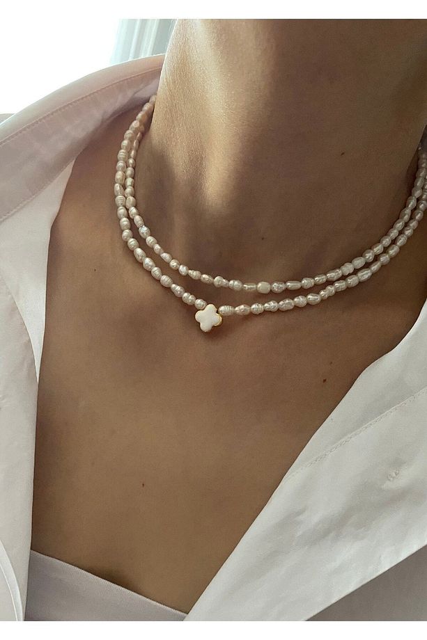 Gerçek Kum Arpa Inci Kolye Choker Ve Mineli Tiffany Stil Yonca Inci Kolye Seti , Yılbaşı Hediyesi - 4
