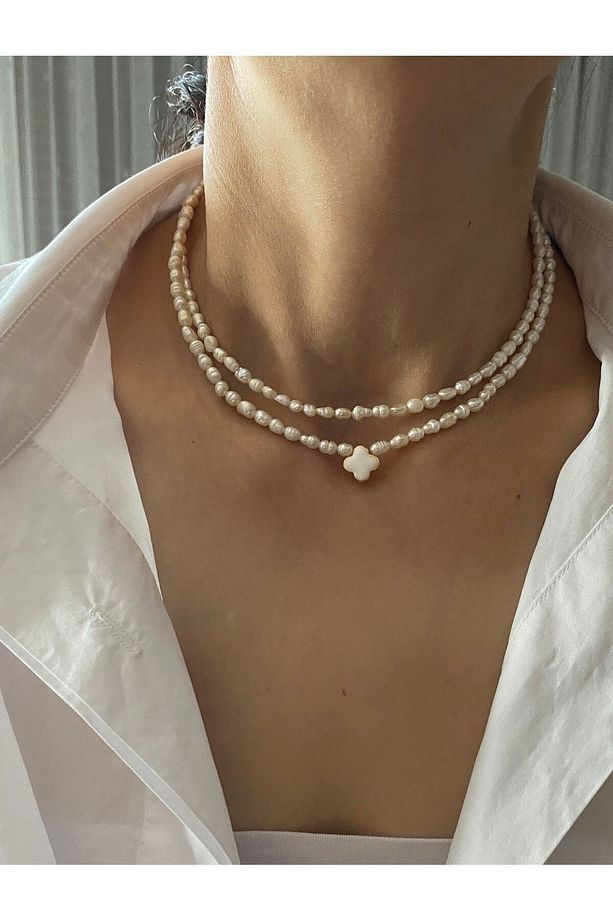 Gerçek Kum Arpa Inci Kolye Choker Ve Mineli Tiffany Stil Yonca Inci Kolye Seti , Yılbaşı Hediyesi - 1
