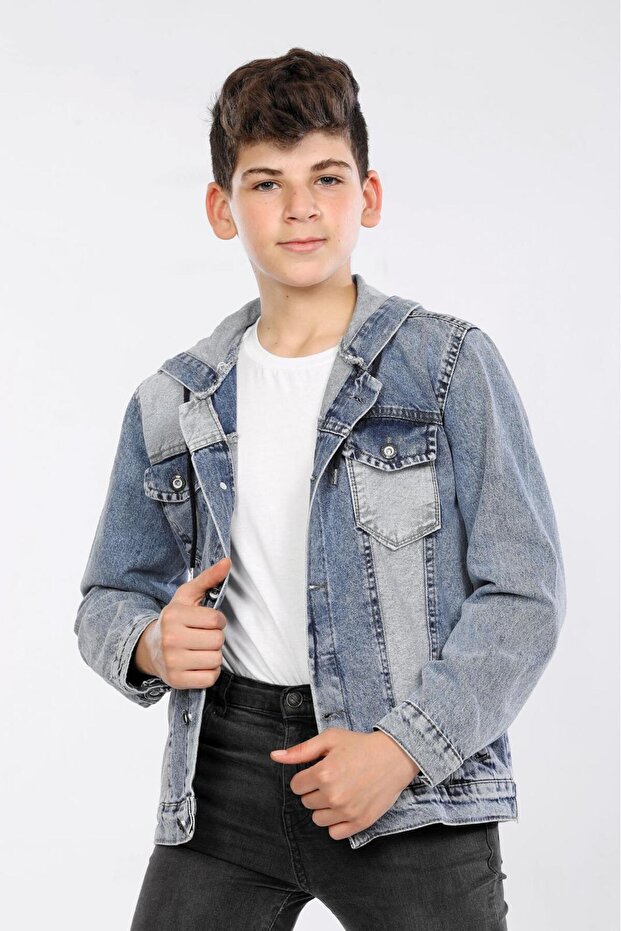 % 100 Pamuk-Kot İki Renkli-Kar Yıkama-Bağcıklı-Ön 4 Cepli-Apoletli-Kapüşonlu-Erkek Çocuk Ceketi - 3