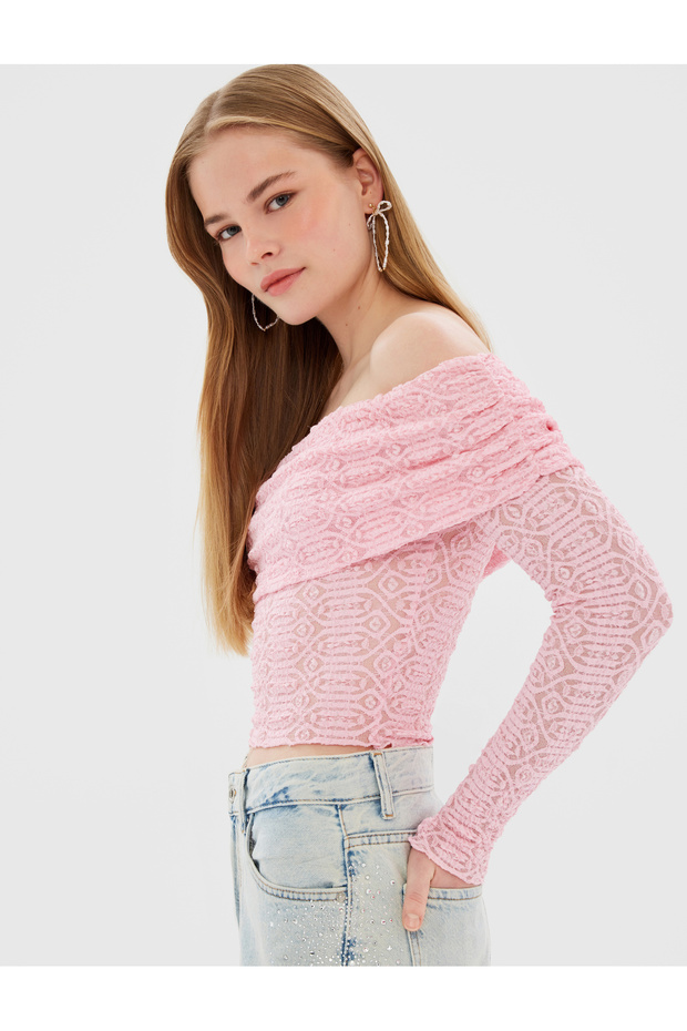 Long Sleeve Half Sheer Print Madonna Collar Off-The-Shoulder Blouse