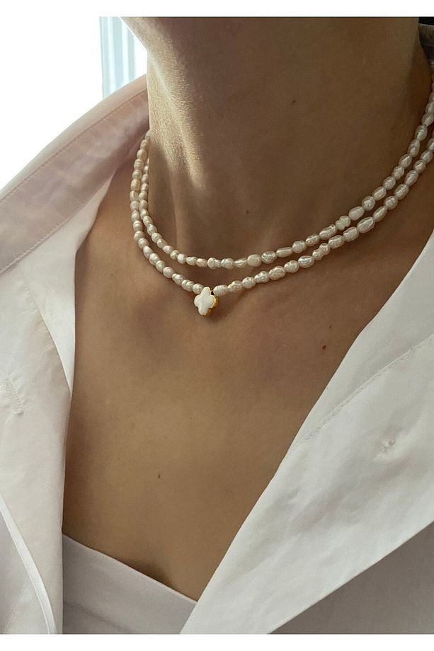 Gerçek Kum Arpa Inci Kolye Choker Ve Mineli Tiffany Stil Yonca Inci Kolye Seti , Yılbaşı Hediyesi - 3