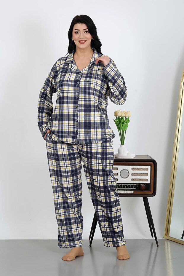 Women's Large Size Cotton Pocket Buttoned Navy Blue Pajama Suit 202504