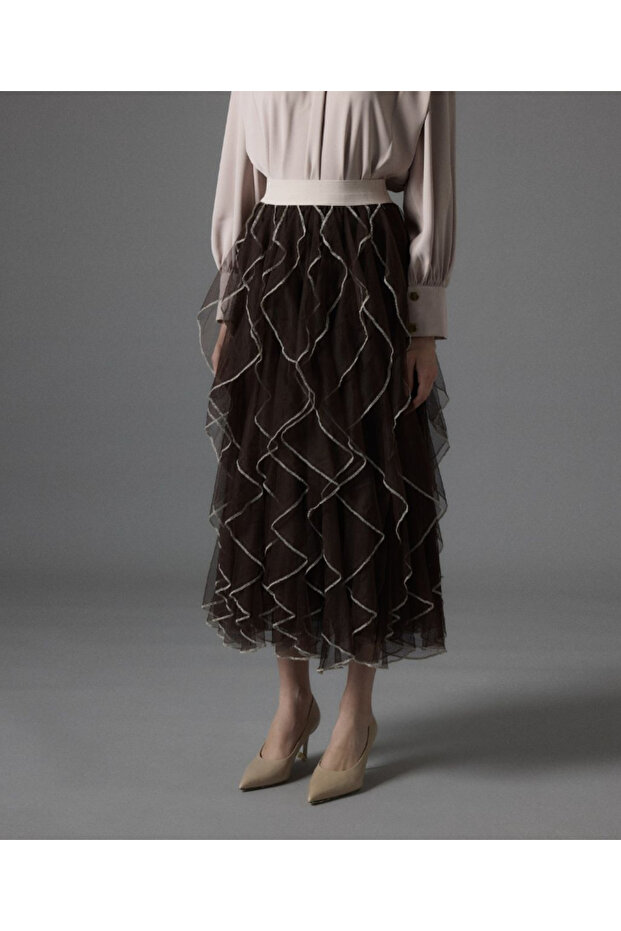 Women's Tulle Ruffled Lined Midi Length Bell Skirt Brown