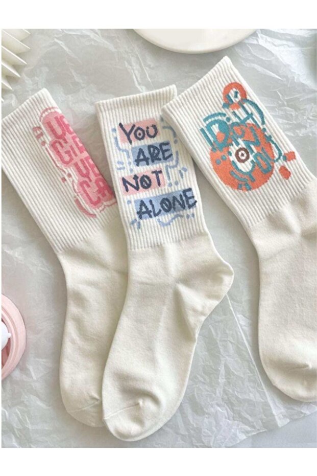 6 Pairs Unisex Colorful Calligraphy Pattern Socket Socks Patterned White College Socks 6 Pcs - 3