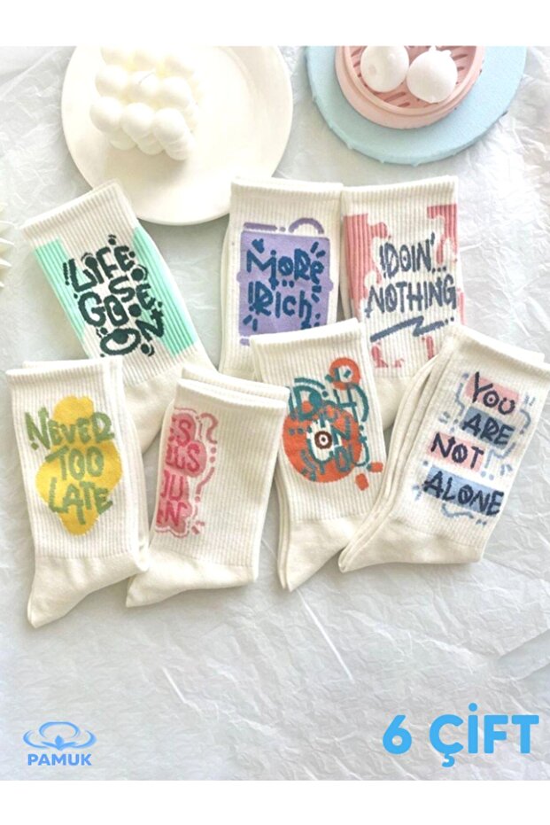 6 Pairs Unisex Colorful Calligraphy Pattern Socket Socks Patterned White College Socks 6 Pcs - 1