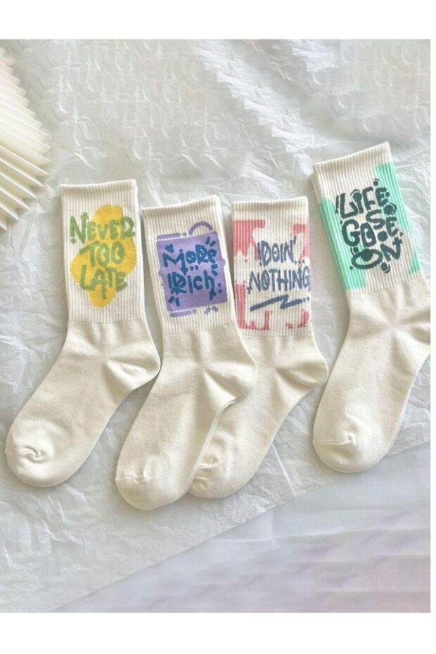 6 Pairs Unisex Colorful Calligraphy Pattern Socket Socks Patterned White College Socks 6 Pcs - 4