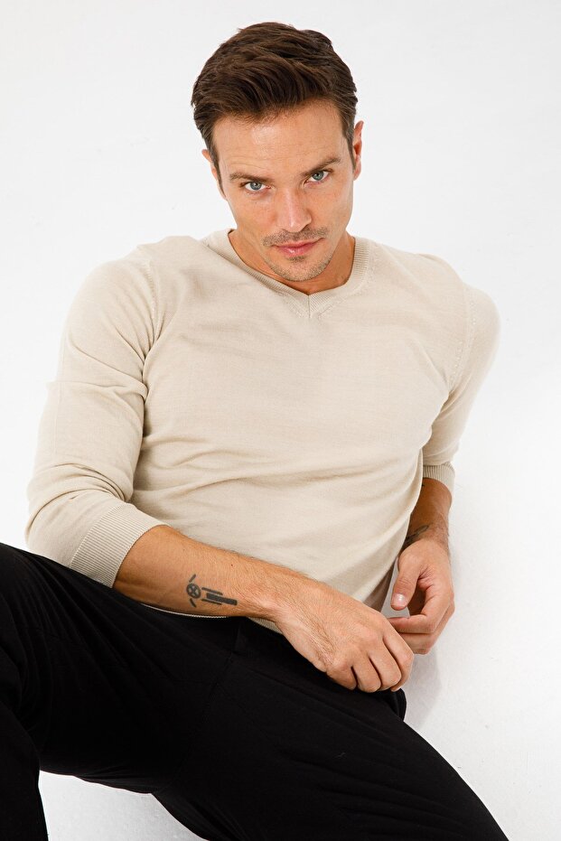 Erkek Basic V Yaka Ince Triko Kazak Bej - 2