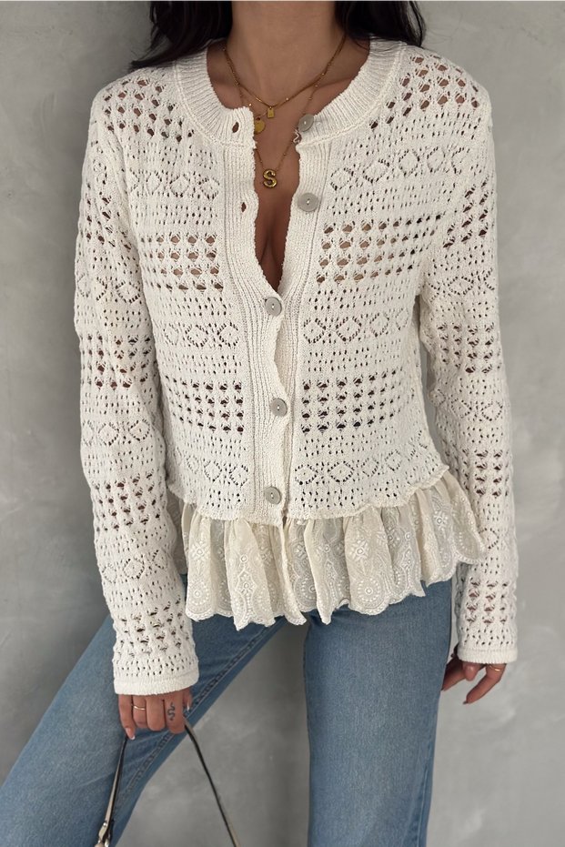 Women's Beige Standard Size Lace Detailed Openwork Knitwear Cardigan