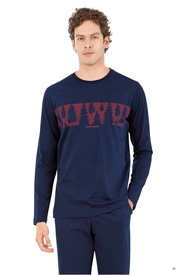 6068 Men's Navy Blue Long Sleeve Round Neck Pajama Set