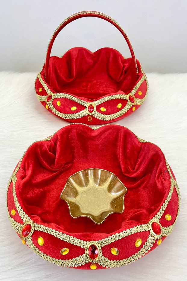 Red Velvet Shiny Stone Decorated Henna Night Tray Basket for Bride Team, Engagement, Nikah, Wedding, Promise