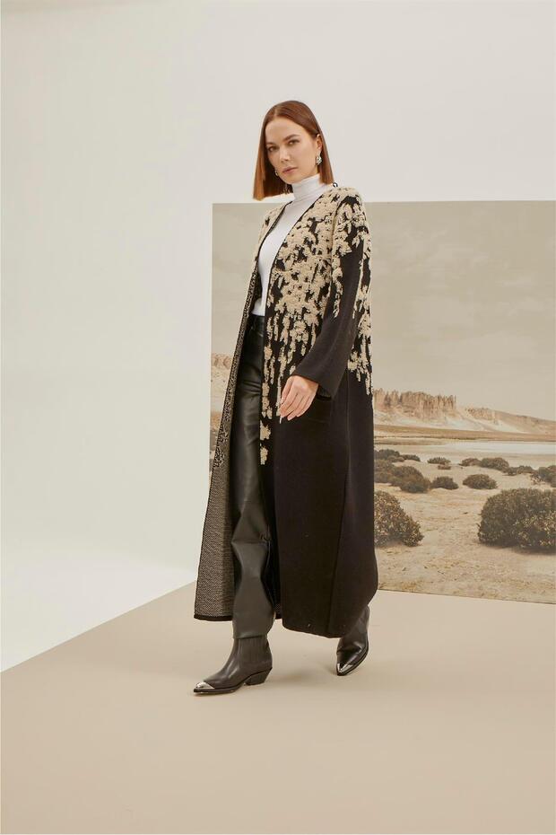 Black Stone Embossed Floral Patterned Knitwear Women's Cardigan