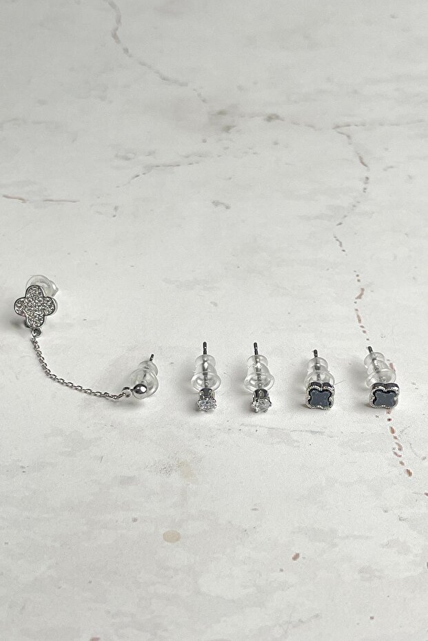 Yonca Figürlü Minimal Üçlü Küpe Seti - 2