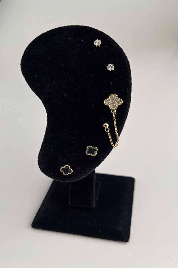 Yonca Figürlü Minimal Üçlü Küpe Seti - 1