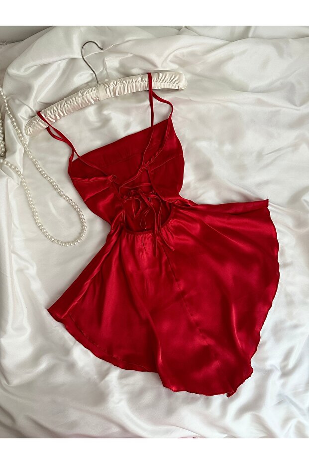 Kırmızı Arkası Bağlamalı Gecelik - 1
