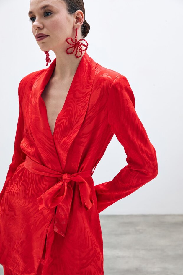 Jachetă lungă cu curea - roșu - 4