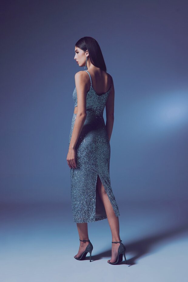 Dekolteli Payet Elbise - Gümüş - 8