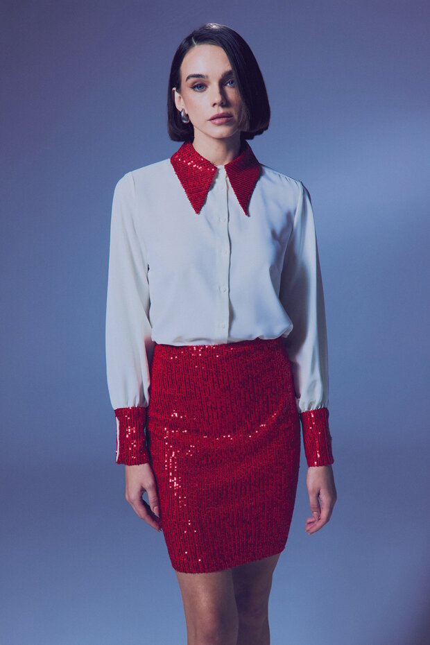Sequin Detailed Shirt - Ecru-Red