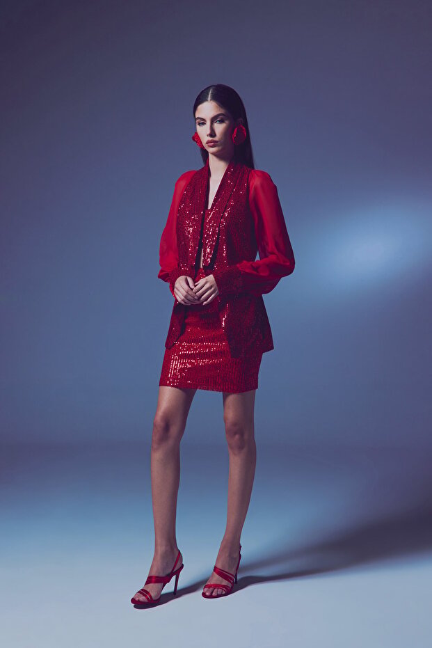 سترة شيفون بأكمام ترتر - أحمر - 6