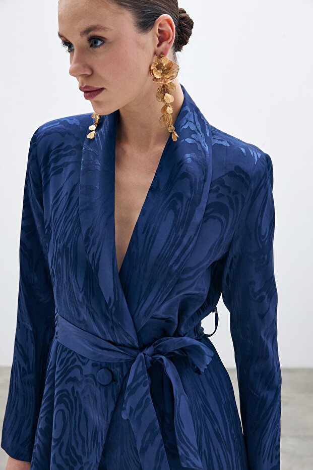 Jachetă lungă cu curea - bleumarin - 4