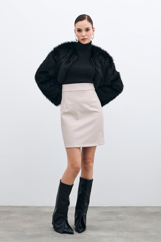 Şardonlu Deri Etek - Taş - 2