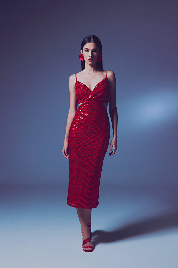 Dekolteli Payet Elbise - Kırmızı - 2