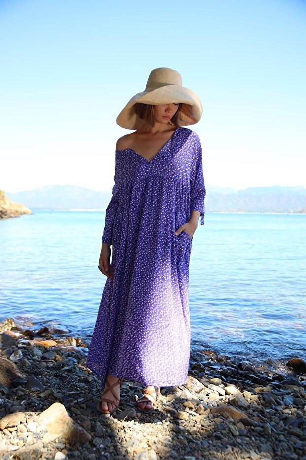 Mor Çiçekli Önü Düğmeli Elbise - 2