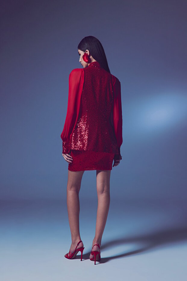 سترة شيفون بأكمام ترتر - أحمر - 7