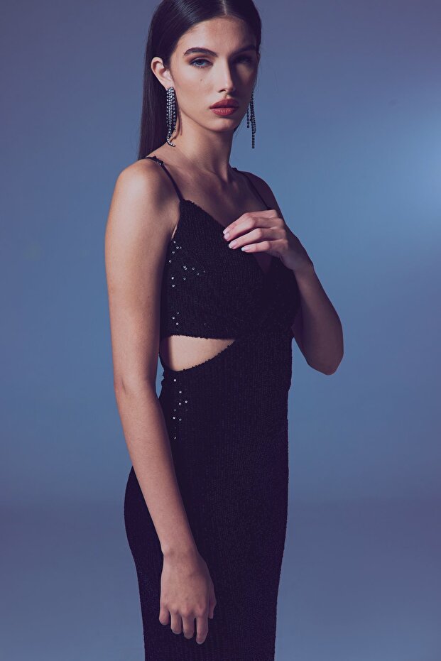 Dekolteli Payet Elbise - Siyah - 4