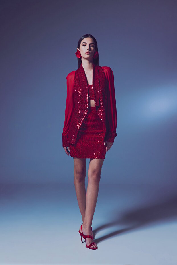 سترة شيفون بأكمام ترتر - أحمر - 2