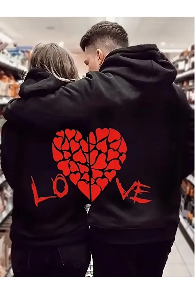 Lover Couple Combination Love Aşk Back Printed Hooded Oversize Casual Black Sweatshirt