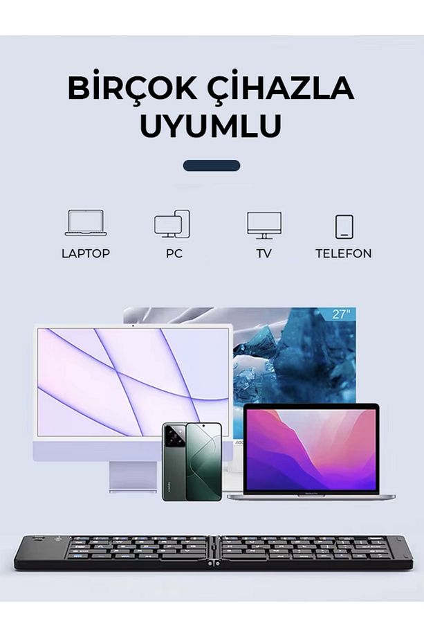 Ultra ince Katlanabilir Şarj Edilebilir Android/iOS/Windows Uyumlu Kablosuz Bluetoothlu Klavye - 4