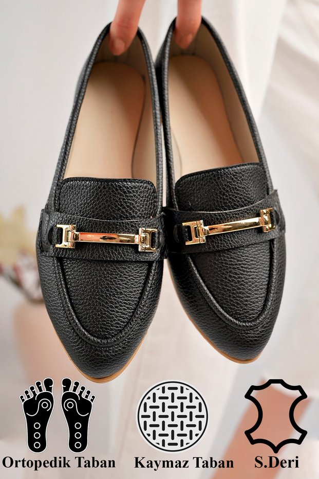 Foxy Black Women's Ballerina Buckle Casual Shoes Stylish Comfortable Orthopedic Daily Shoes