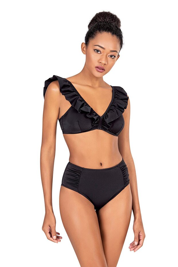 Women's High Waist Ruffle Black Bikini Set