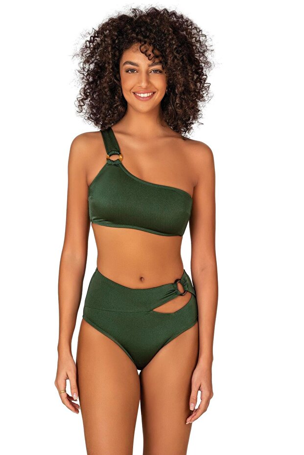Women's One-Shoulder Green Bikini Set with Ring Accessory
