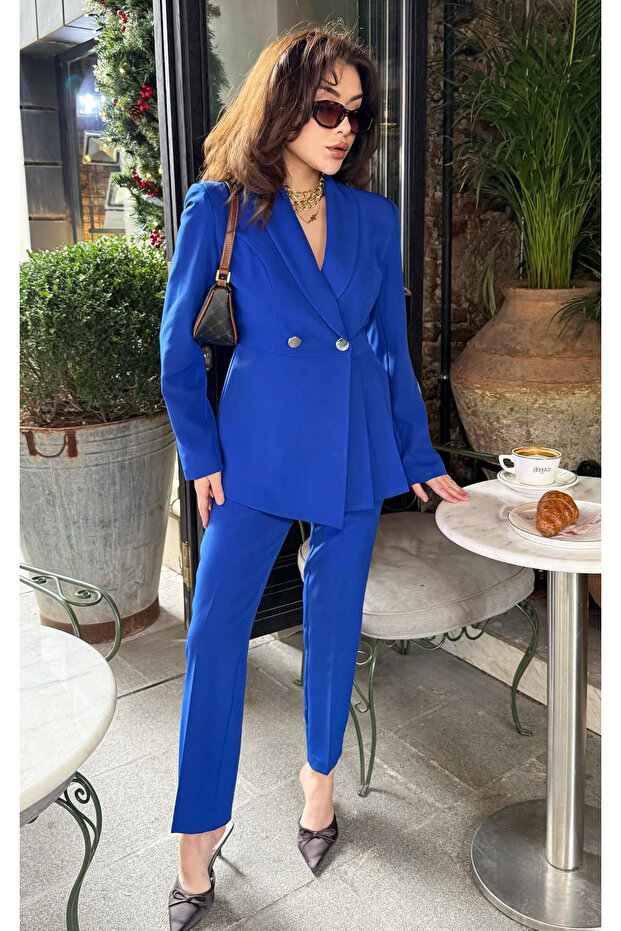 Women's Pleated Jacket Pants Set Cobalt Blue