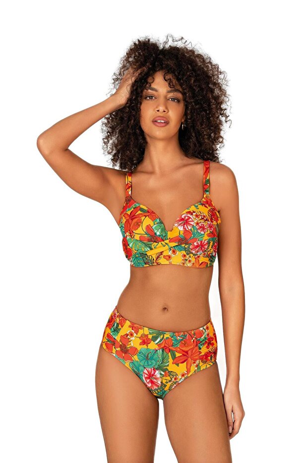 Women's Plus Size Supported Gather Detailed Floral Patterned Bikini Set